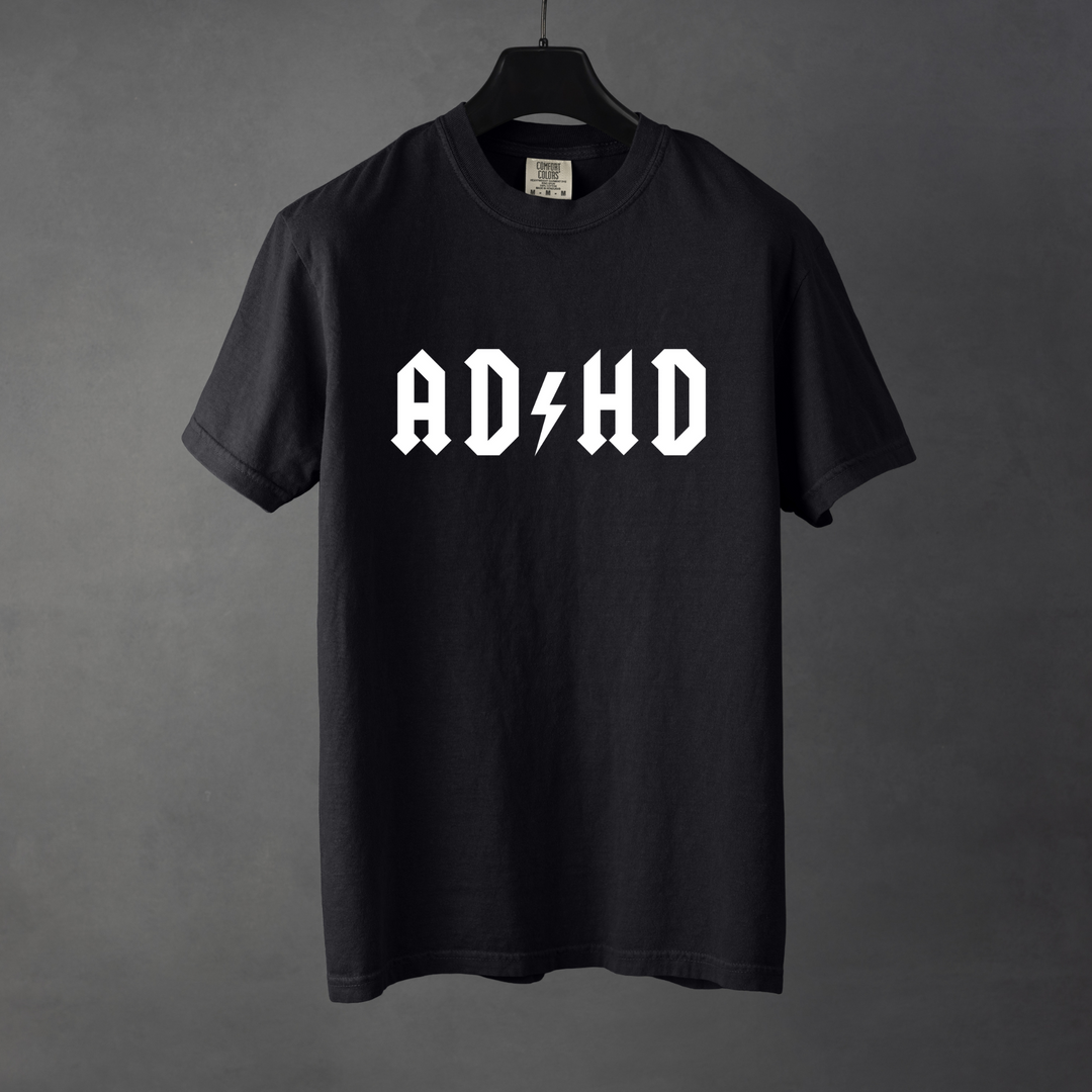 Sarcastic funny black graphic t-shirt with bold text saying 'ADHD'