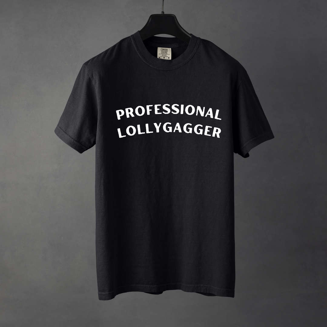 Sarcastic funny black graphic t-shirt with bold text saying'professional lollygagger'