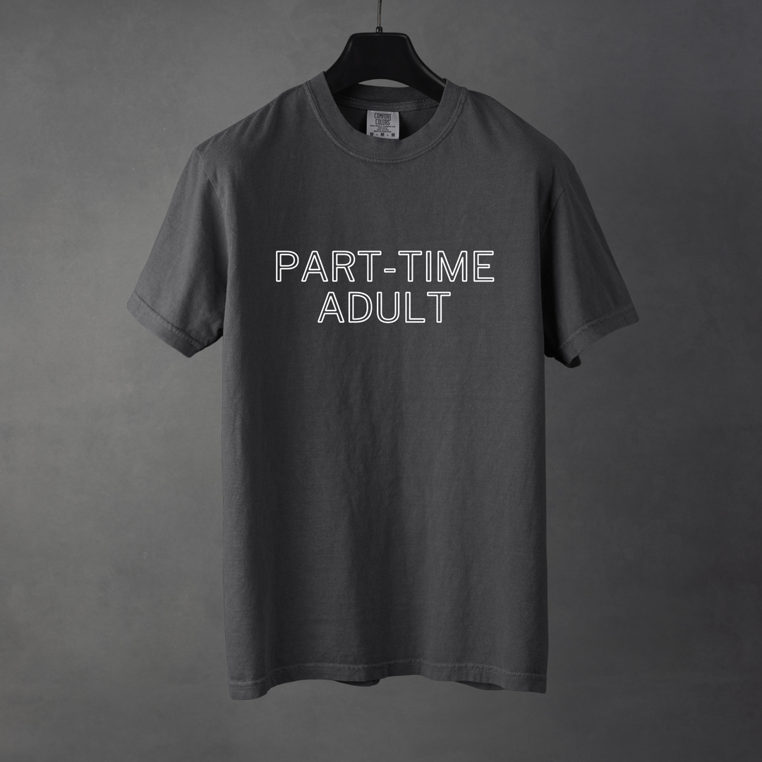 Sarcastic funny pepper graphic t-shirt with bold text saying'part-time-adult'