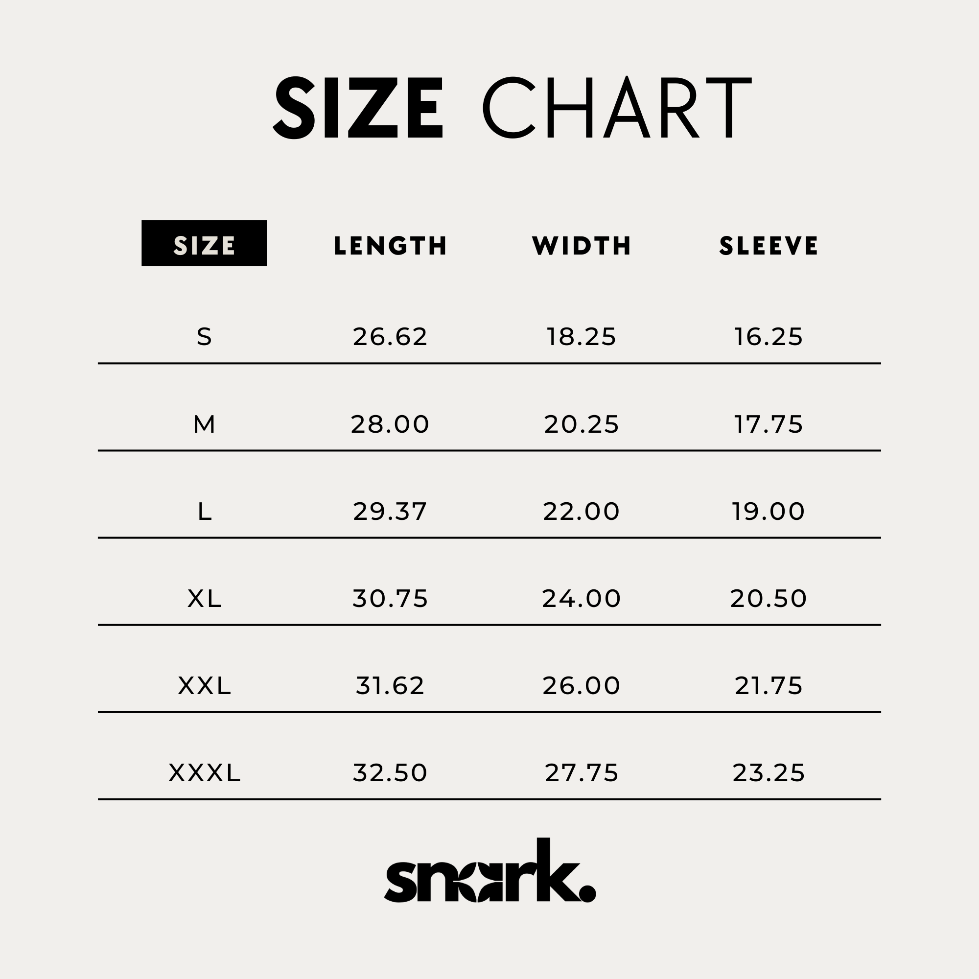 Size Chart for Snark Graphic T-Shirts