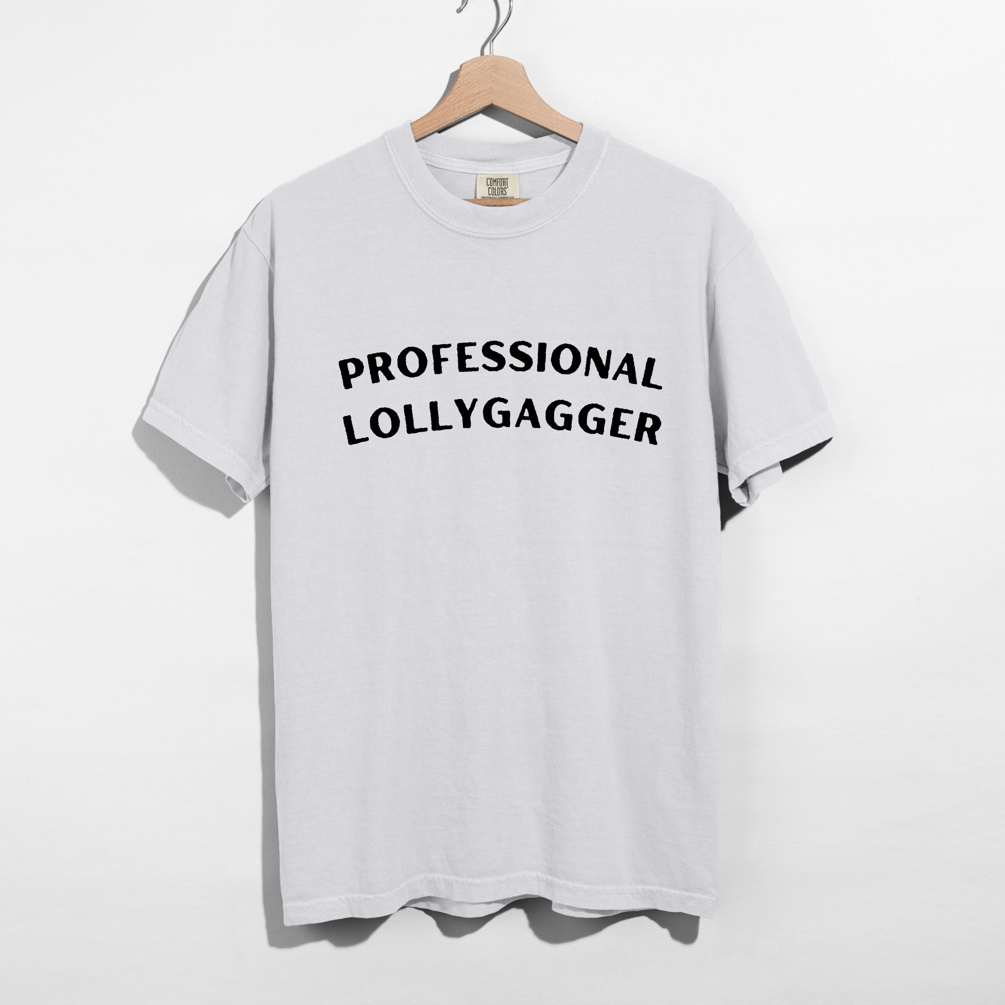 Sarcastic funny white graphic t-shirt with bold text saying'professional lollygagger'