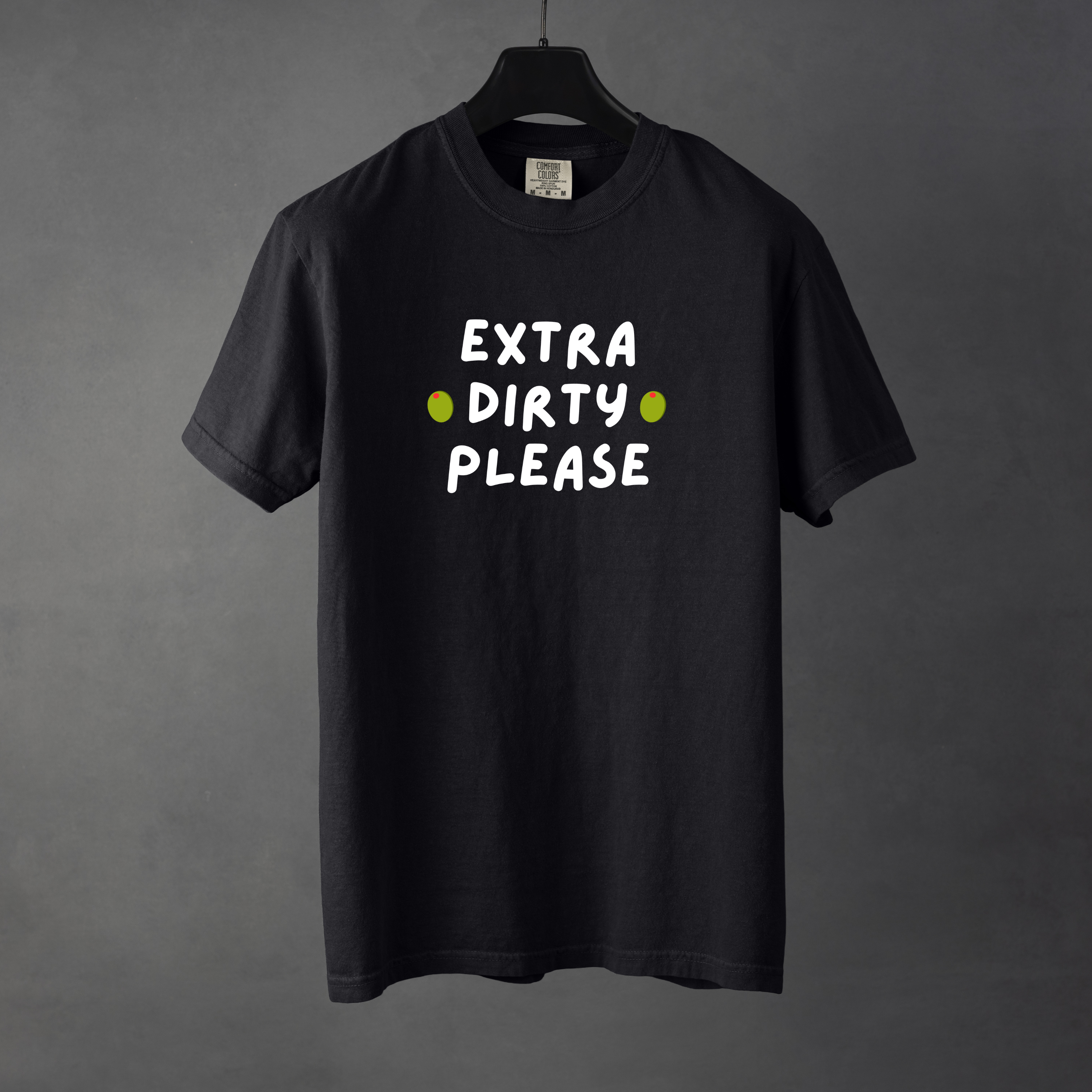 Sarcastic funny black graphic t-shirt with bold text saying 'Extra Dirty Please'